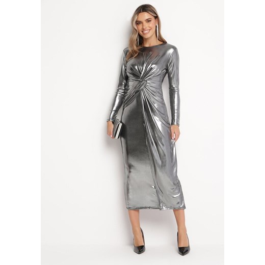 Srebrna Połyskująca Sukienka Maxi z Ozdobnym Węzłem Fabriana ze sklepu Born2be Odzież w kategorii Sukienki - zdjęcie 169451605