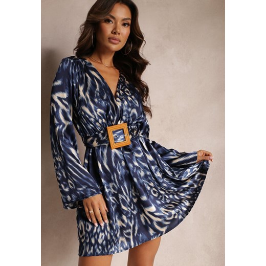 Granatowo-Niebieska Rozkloszowana Sukienka Mini z Kopertowym Dekoltem i Paskiem Liisatta ze sklepu Renee odzież w kategorii Sukienki - zdjęcie 169452289