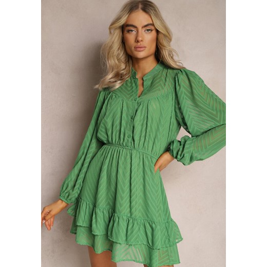 Zielona Sukienka Mini w Skośne Paski o Rozkloszowanym Fasonie z Gumką w Talii Tennari ze sklepu Renee odzież w kategorii Sukienki - zdjęcie 169456778