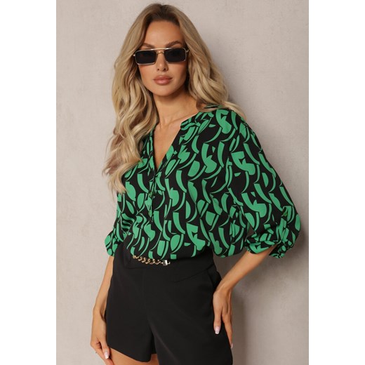 Czarno-Zielona Bluzka z Guzikami i Długim Rękawem w Geometryczny Print Daphira ze sklepu Renee odzież w kategorii Bluzki damskie - zdjęcie 169456956