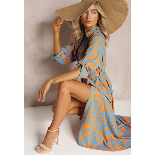 Niebiesko-Pomarańczowa Sukienka Koszulowa Maxi z Materiałowym Paskiem w Abstrakcyjny Print Lirans ze sklepu Renee odzież w kategorii Sukienki - zdjęcie 169468929