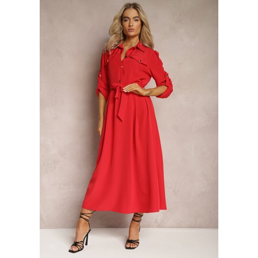 Czerwona Długa Sukienka z Rozkloszowanym Dołem i Koszulową Górą Kitesi ze sklepu Renee odzież w kategorii Sukienki - zdjęcie 169468949