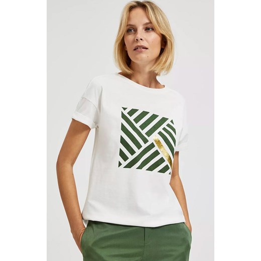 Bawełniany t-shirt damski biały z geometrycznym wzorem 4317, Kolor biały-wzór, Rozmiar L, Moodo ze sklepu Primodo w kategorii Bluzki damskie - zdjęcie 169489019