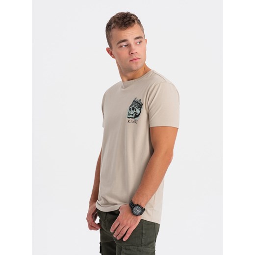 T-shirt męski bawełniany z nadrukiem na klatce piersiowej - beżowy V1 OM-TSPT-0167 ze sklepu ombre w kategorii T-shirty męskie - zdjęcie 169492079