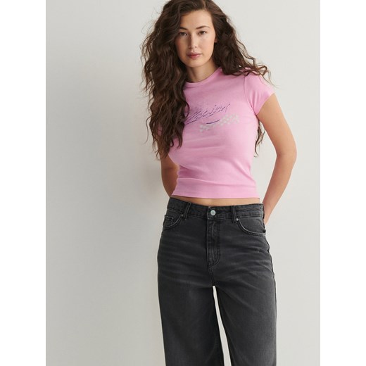 Reserved - T-shirt ze spranym nadrukiem - różowy ze sklepu Reserved w kategorii Bluzki damskie - zdjęcie 169496276