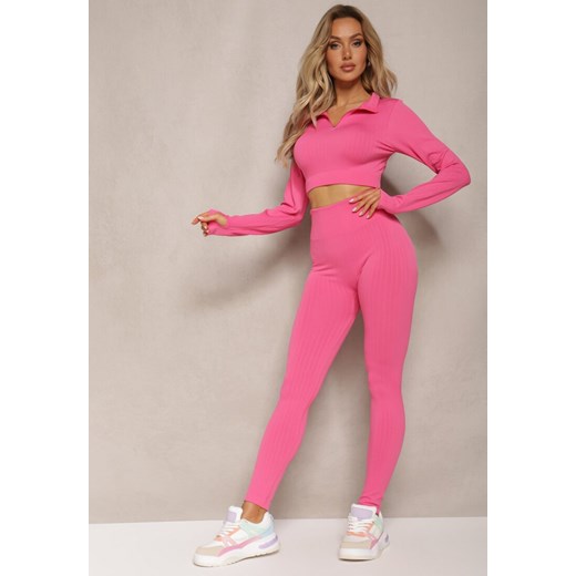 Różowy Komplet Sportowy Fitnessowy Bluza z Suwakiem i Długim Rękawem Legginsy High Waist ze sklepu Renee odzież w kategorii Komplety i garnitury damskie - zdjęcie 169496998