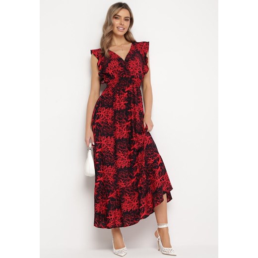 Czarno- Czerwona Maxi Sukienka Rozkloszowana z Wiskozy z Kopertową Górą Wiracia ze sklepu Born2be Odzież w kategorii Sukienki - zdjęcie 169497007