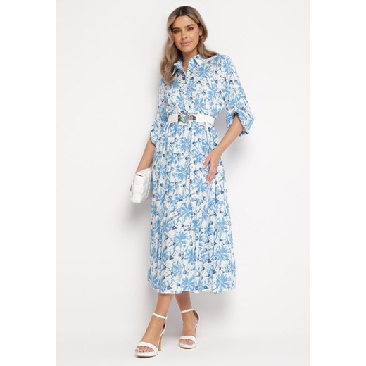 Biało-Niebieska Sukienka Maxi w Kwiatowy Wzór z Koszulową Górą Lithaia ze sklepu Born2be Odzież w kategorii Sukienki - zdjęcie 169497119