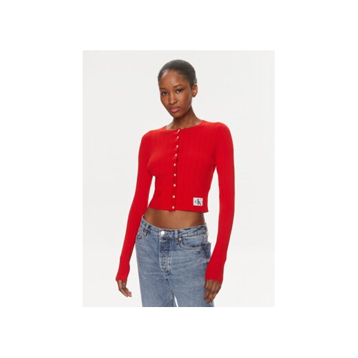 Calvin Klein Jeans Kardigan J20J223149 Czerwony Slim Fit ze sklepu MODIVO w kategorii Swetry damskie - zdjęcie 169501257