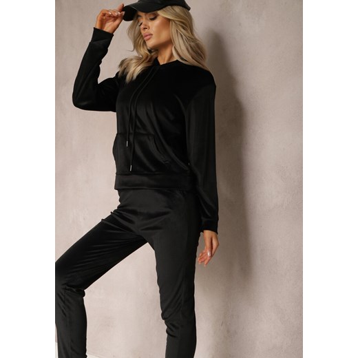 Czarny Welurowy Komplet Dresowy Bluza z Kapturem i Spodnie Vilna ze sklepu Renee odzież w kategorii Dresy damskie - zdjęcie 169508107