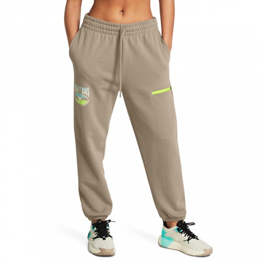 Damskie spodnie treningowe Under Armour Projcet Rock Q1 HW Terry Pant - beżowe ze sklepu Sportstylestory.com w kategorii Spodnie damskie - zdjęcie 169521938