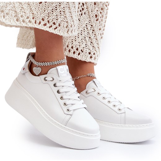 Skórzane Damskie Sneakersy Z Bransoletą CheBello 4406 Białe Chebello 38 ButyModne.pl