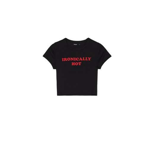 Cropp - Czarny T-shirt z napisem - czarny ze sklepu Cropp w kategorii Bluzki damskie - zdjęcie 169531258
