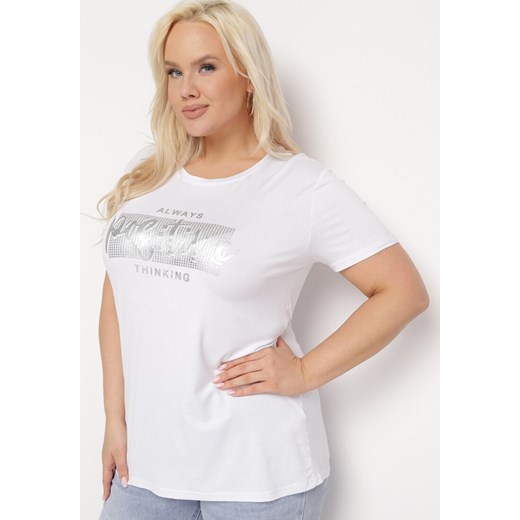 Biały T-shirt z Ozdobnym Nadrukiem z Metalicznym Połyskiem Neomania ze sklepu Born2be Odzież w kategorii Bluzki damskie - zdjęcie 169539986