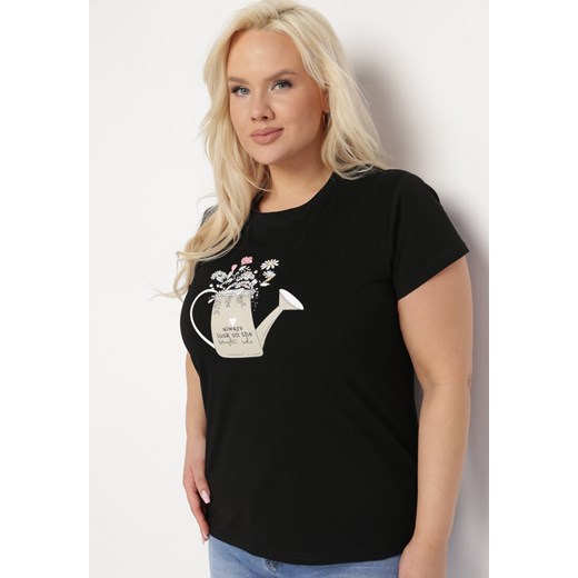 Czarny Bawełniany T-shirt z Ozdobnym Nadrukiem Littana ze sklepu Born2be Odzież w kategorii Bluzki damskie - zdjęcie 169540005