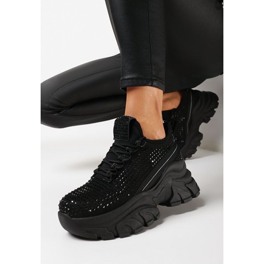 Czarne Sneakersy na Grubej Podeszwie Ozdobione Cyrkoniami Nallua ze sklepu born2be.pl w kategorii Buty sportowe damskie - zdjęcie 169540165