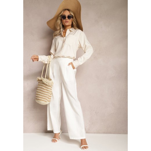 Białe Szerokie Spodnie z Lnem z Gumką w Talii Airelttis ze sklepu Renee odzież w kategorii Spodnie damskie - zdjęcie 169543549