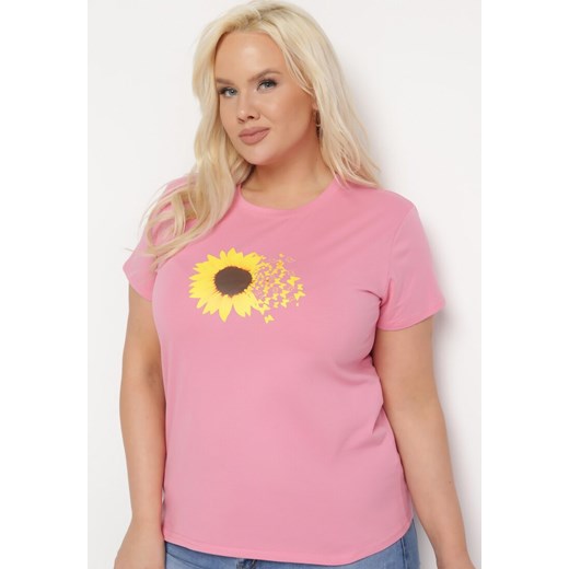 Różowy Bawełniany T-shirt z Nadrukiem na Przodzie Galamella ze sklepu Born2be Odzież w kategorii Bluzki damskie - zdjęcie 169553166