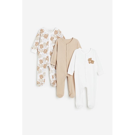 H & M - Bawełniana piżama jednoczęściowa 3-pak - Beżowy ze sklepu H&M w kategorii Pajacyki - zdjęcie 169591336