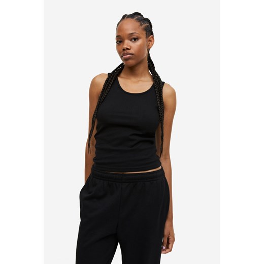 H & M - Bawełniana koszulka w prążki - Czarny ze sklepu H&M w kategorii Bluzki damskie - zdjęcie 169591975