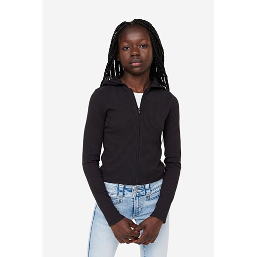 H & M - Rozpinana prążkowana bluza z kapturem - Czarny ze sklepu H&M w kategorii Bluzy dziewczęce - zdjęcie 169595438