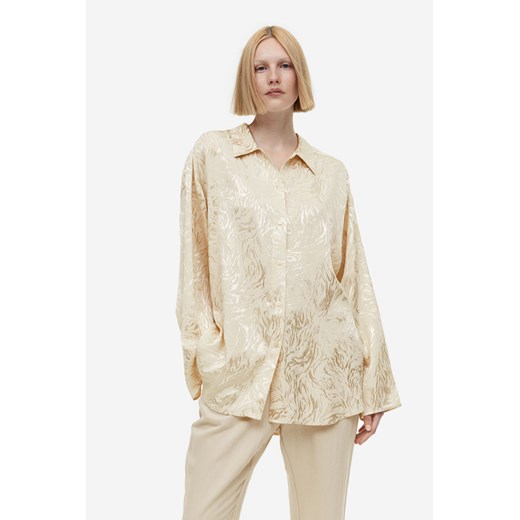 Koszula damska H & M z długimi rękawami beżowa żakardowa w abstrakcyjnym wzorze z kołnierzykiem 
