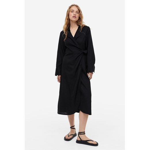 H & M - Kopertowa sukienka z domieszką lnu - Czarny H & M XL H&M