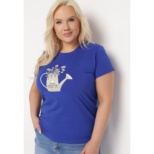 Granatowy Bawełniany T-shirt z Ozdobnym Nadrukiem Littana ze sklepu Born2be Odzież w kategorii Bluzki damskie - zdjęcie 169603286