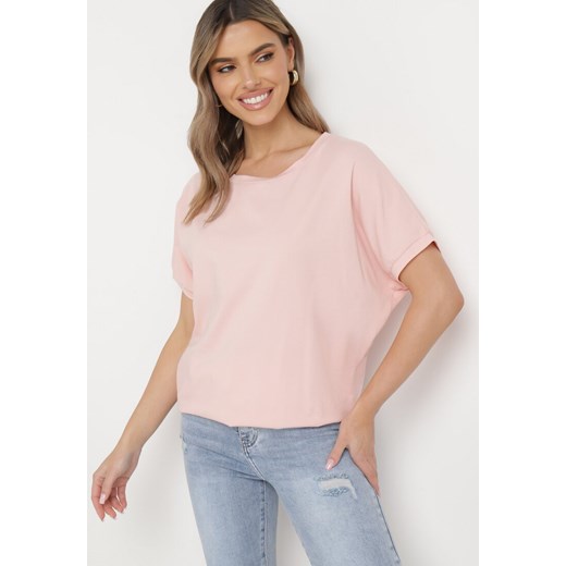 Różowy T-shirt z Krótkimi Rękawami i Dłuższym Tyłem Cercisa ze sklepu Born2be Odzież w kategorii Bluzki damskie - zdjęcie 169603296