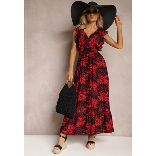 Czarno-Czerwona Rozkloszowana Sukienka z Wiskozy Maxi z Kopertowym Dekoltem Luksia ze sklepu Renee odzież w kategorii Sukienki - zdjęcie 169607997