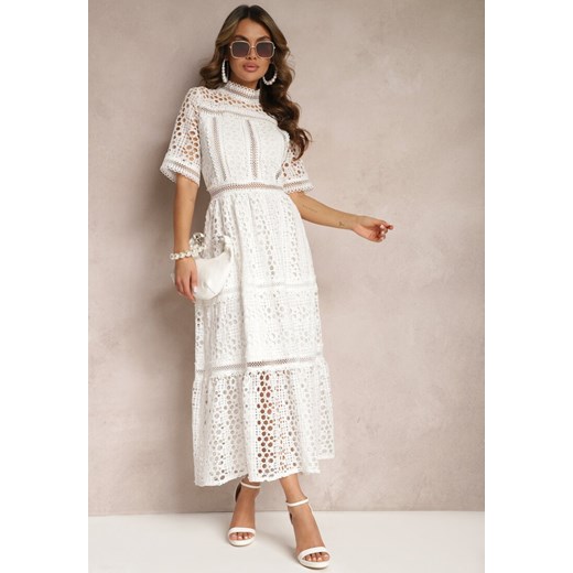 Biała Rozkloszowana Sukienka Maxi Ażurowa z Falbanką Ranilette Renee S promocja Renee odzież