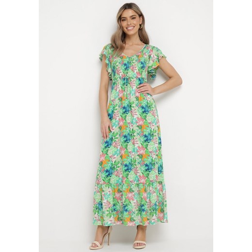 Zielona Sukienka Maxi z Kwiatowym Wzorem i Gumką w Talii Oleccte ze sklepu Born2be Odzież w kategorii Sukienki - zdjęcie 169616509