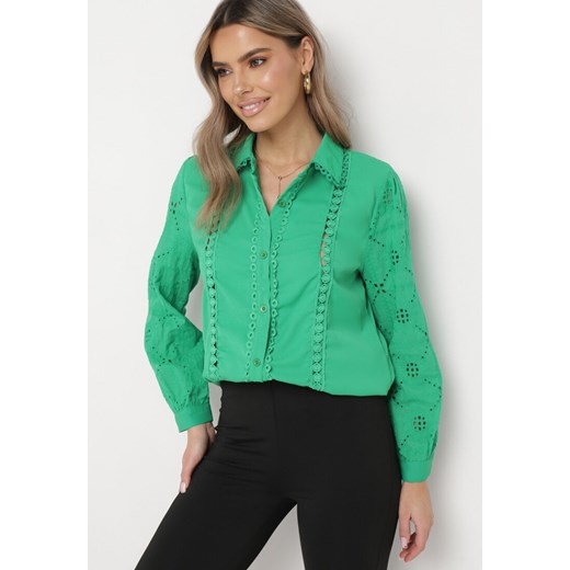 Zielona Koszula Ozdobiona Haftem Ivnaa ze sklepu Born2be Odzież w kategorii Koszule damskie - zdjęcie 169616557