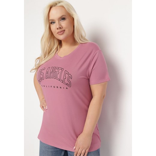 Ciemnoróżowy T-shirt z Ozdobnym Napisem Elimetis ze sklepu Born2be Odzież w kategorii Bluzki damskie - zdjęcie 169616765