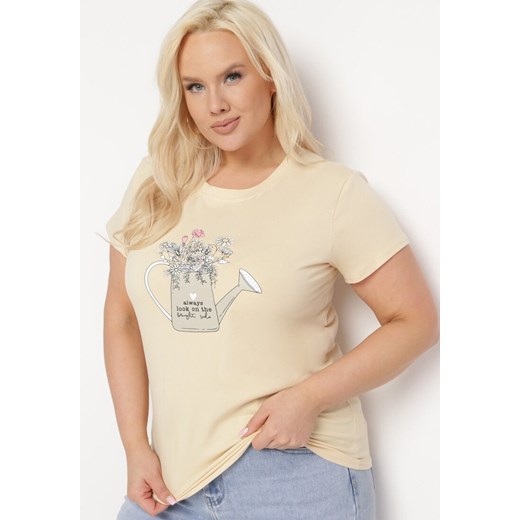 Beżowy Bawełniany T-shirt z Ozdobnym Nadrukiem Littana ze sklepu Born2be Odzież w kategorii Bluzki damskie - zdjęcie 169616856