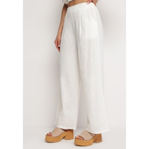 Białe Szerokie Spodnie z Gumką w Talii z Lnem Araniells ze sklepu Born2be Odzież w kategorii Spodnie damskie - zdjęcie 169629245
