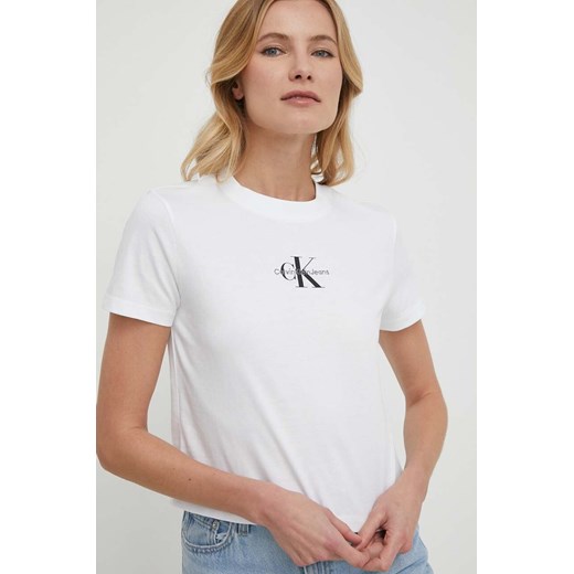 Bluzka damska Calvin Klein z napisami biała młodzieżowa z okrągłym dekoltem 