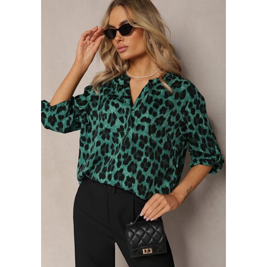 Zielona Bluzka w Panterkowe Cętki z Zapinanym Dekoltem Jabberia ze sklepu Renee odzież w kategorii Bluzki damskie - zdjęcie 169641236