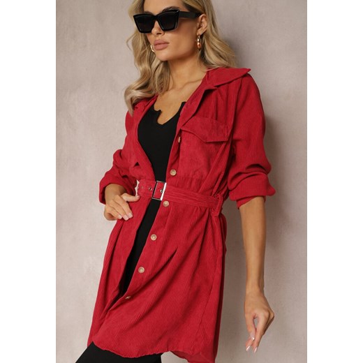 Czerwona Sztruksowa Koszula Długa z Kieszeniami i Paskiem Tahise ze sklepu Renee odzież w kategorii Koszule damskie - zdjęcie 169641246