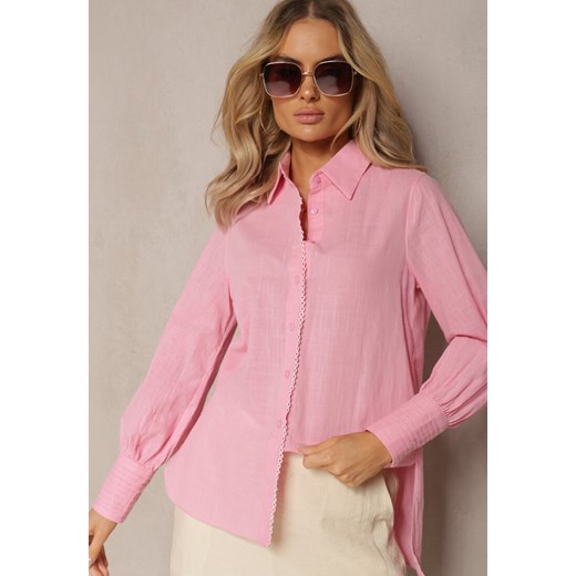 Różowa Koszula z Bawełny z Ozdobnym Haftem Przy Guzikach Gevindia ze sklepu Renee odzież w kategorii Koszule damskie - zdjęcie 169645447