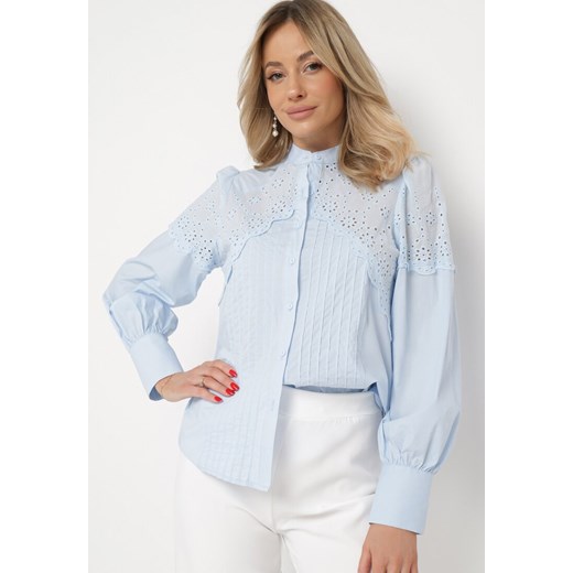 Niebieska Bawełniana Koszula ze Stójką i Ażurową Koronką Lathorissa ze sklepu Born2be Odzież w kategorii Koszule damskie - zdjęcie 169645808