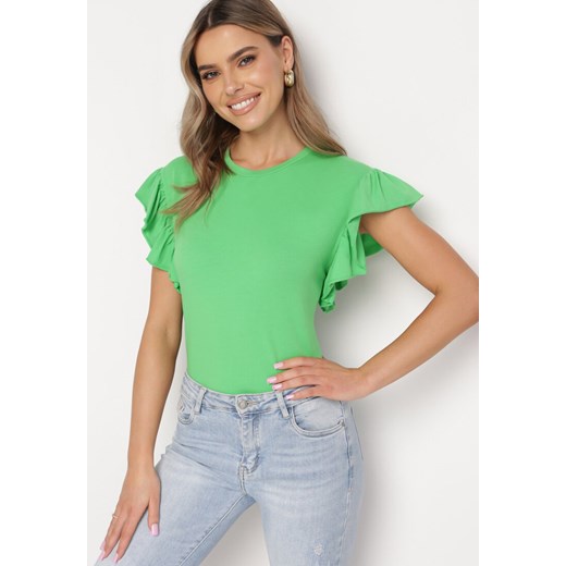 Zielony T-shirt z Falowanym Rękawem Aidira ze sklepu Born2be Odzież w kategorii Bluzki damskie - zdjęcie 169646276