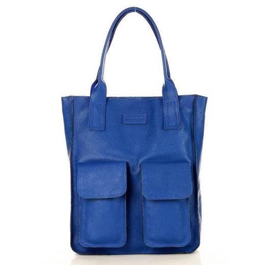 Torebka skórzana shopper bag z kieszeniami - MARCO MAZZINI niebieski ze sklepu Verostilo w kategorii Torby Shopper bag - zdjęcie 169649256