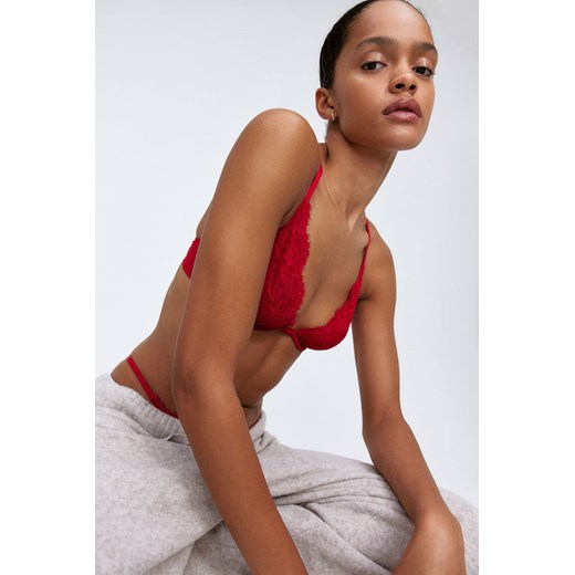 H & M - Koronkowy biustonosz z głębokim dekoltem - Czerwony H & M 85D H&M