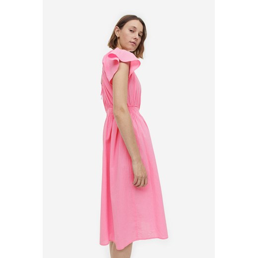 Sukienka H & M z krótkimi rękawami różowa z okrągłym dekoltem z bawełny midi na wiosnę 