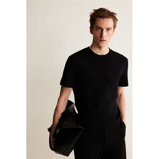 H & M - Dzianinowy T-shirt Regular Fit - Czarny ze sklepu H&M w kategorii T-shirty męskie - zdjęcie 169675418
