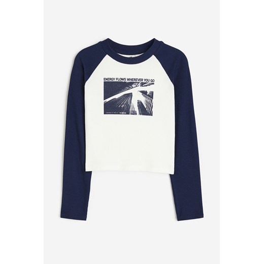 H & M - Krótki top z bawełnianego dżerseju w prążki - Biały ze sklepu H&M w kategorii Bluzki dziewczęce - zdjęcie 169677115