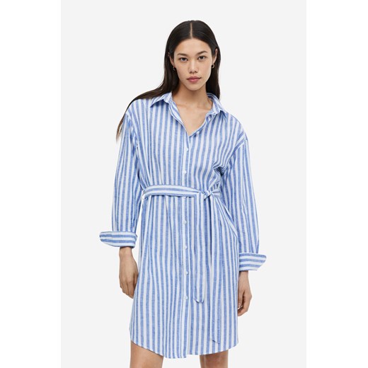 H & M sukienka mini szmizjerka z dekoltem v w paski z tkaniny 