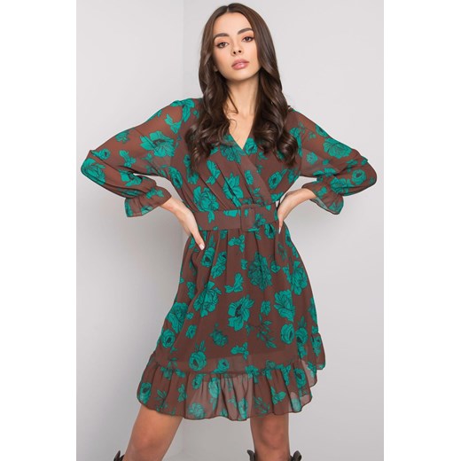 Brązowo-zielona sukienka z falbaną Loriella Italy Moda one size 5.10.15