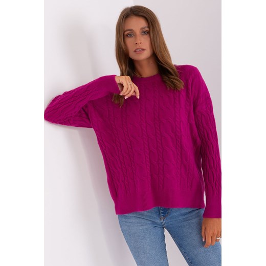 fioletowy sweter damski z warkoczami i okrągłym dekoltem ze sklepu 5.10.15 w kategorii Swetry damskie - zdjęcie 169684587